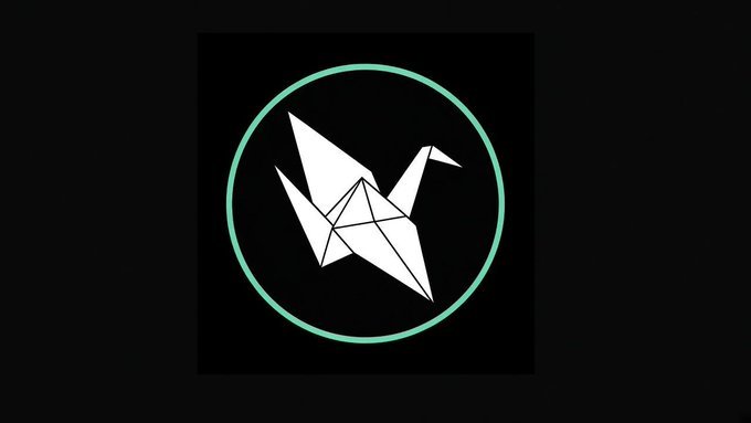 A logo featuring a white origami-style bird or fox inside a teal circle on a black background.