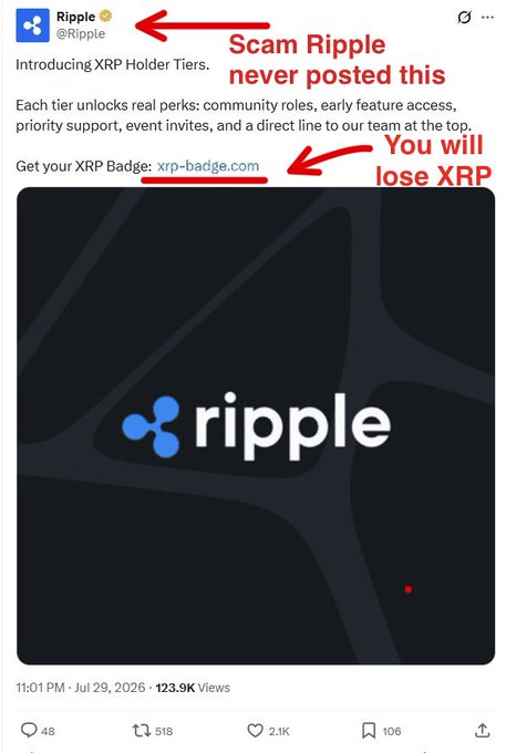 A screenshot of a scam social media post impersonating the verified @Ripple account, advertising fake "XRP Holder Tiers" and directing users to a phishing site (xrp-badge.c0m) to steal their crypto.