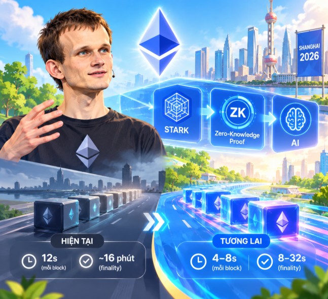 An infographic features Vitalik Buterin wearing an Ethereum shirt, illustrating Ethereum's roadmap with STARK, Zero-Knowledge Proof, and AI technology in Shanghai 2026, comparing current stats (~16 minutes finality) to future stats (4-8s per block, 8-32s finality).