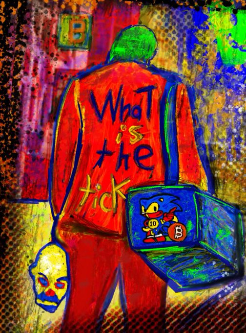 A vivid, colorful graffiti-style artwork shows a figure in red from behind holding a briefcase with Sonic the Hedgehog and a Bitcoin logo, with "What is the kick" written on their back.