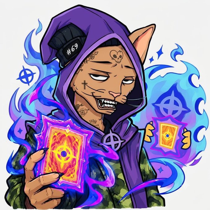 The image shows a cartoon character with a hood, face tattoos, and sharp teeth, holding glowing mystical cards with anarchy symbols surrounded by purple and blue flames, with "#69" visible on the beanie. The caption could be: "A hooded character with face tattoos and sharp teeth holds glowing mystical cards marked with anarchy symbols, surrounded by mystical purple and blue flames, with '#69' displayed on the beanie." The image aligns with the post by capturing the "hype" and "energy" mentioned, as the character's intense expression and the fiery, mystical cards convey excitement and anticipation for the Everdraw RPG launch.