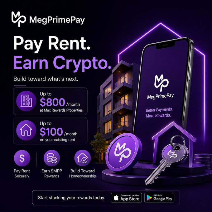 A promotional advertisement for MegPrimePay featuring the headline 'Pay Rent. Earn Crypto.' with details on rewards up to $800/month and app store download links.
