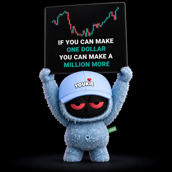 A blue fuzzy 3D character wearing a light blue 'YOUKIE' cap holds up a sign showing a stock chart and the text 'IF YOU CAN MAKE ONE DOLLAR YOU CAN MAKE A MILLION MORE'.