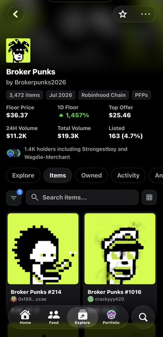 A screenshot from a digital marketplace showing the "Broker Punks" NFT collection by Brokerpunks2026 on Robinhood Chain, displaying stats including a floor price of $36.37, 1.4K holders, and 24H volume of $11.2K.