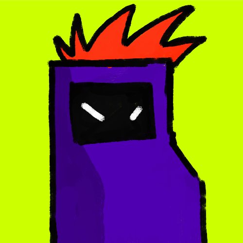 A simple digital drawing of a purple Among Us crewmate character with red spiky hair and angry white eyes on a bright green background.