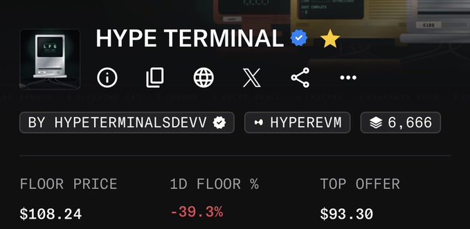 A profile page for 'HYPE TERMINAL' NFT collection shows a floor price of $108.24, a 1D floor percentage of -39.3%, and a top offer of $93.30, created by HypeTerminalsDeVV with 6,666 supply.