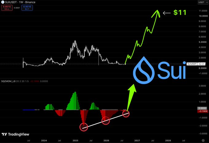 A TradingView weekly chart of SUIUSDT (Binance) shows a Squeeze Momentum indicator at the bottom with three circled bearish dips forming an ascending pattern, while a green arrow projects a price surge toward the $11 target, accompanied by the Sui logo and current price of 0.8016.