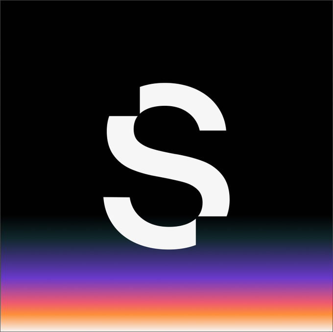 A stylized 'S' logo in white on a black background with a glowing blue and orange gradient reflection at the bottom.