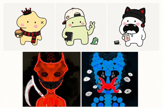 The image shows a collection of five cartoon drawings, featuring cute and evil characters with facial expressions ranging from smiles to frowns or other emotions. The characters are positioned across three different sections within a grid-like layout, giving viewers an opportunity to compare their appearances and styles. One drawing features a cat in pink holding a sandwich, while the remaining four images do not provide much information about the subjects' appearance or context.