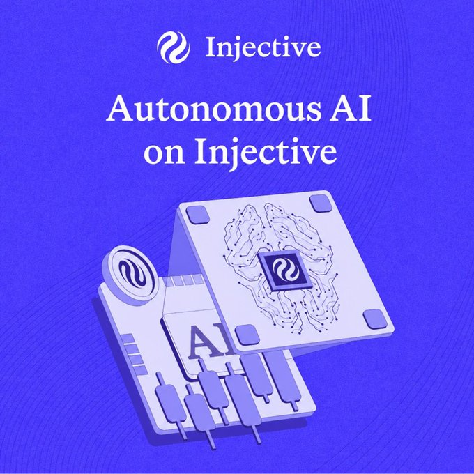 The image features a blue background with white text that reads "Injective Autonomous AI on Injective". The text is written in a serif font, giving it a professional look. Below this, there are two illustrations of objects related to the concept of an AI agent. One object is a wallet, and the other is a brain-shaped piece of paper with a circuit board design on it. These illustrations help convey the idea that an AI agent can be represented by everyday objects or concepts.