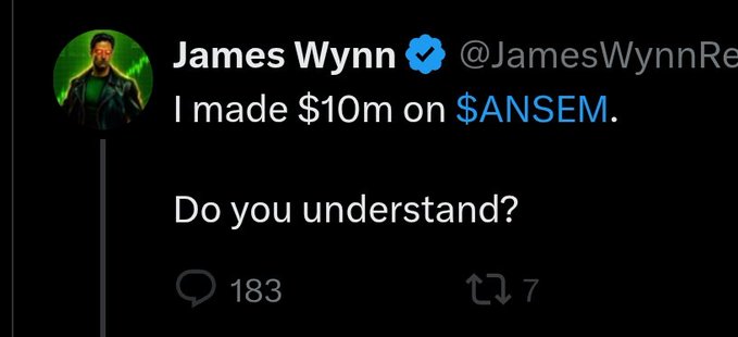 A screenshot of a tweet from James Wynn (@JamesWynnReal) stating "I made $10m on $ANSEM. Do you understand?", paired with commentary questioning how this is possible given that all $ANSEM liquidity pools combined hold less than $5M even at ATH.