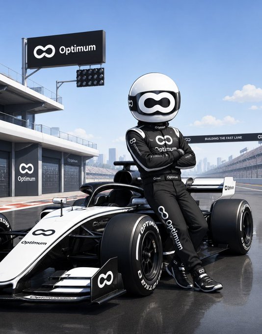 A stylized race car driver in an "Optimum" branded suit and helmet leans against a Formula-style race car at a track, embodying speed and efficiency. The branding ties into the post's message of Optimum accelerating Ethereum data propagation for validators, with mump2p launching on the Ethereum mainnet as the first product in their high-performance lineup.