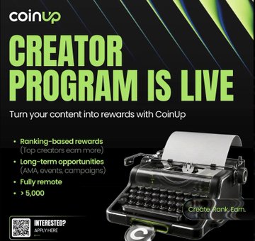 The image features an old-fashioned typewriter with a green background that says "CoinUp Creator Program is now live!". The typewriter has a white paper attached to its side, which appears to be a flyer or poster promoting the creator program. The text on the typewriter reads "Turn your content into rewards with CoinUp!", indicating that users can earn money by creating and sharing content related to the creator program.

The image also includes a QR code for more information about the creator program, as well as a list of job opportunities available through the program.
