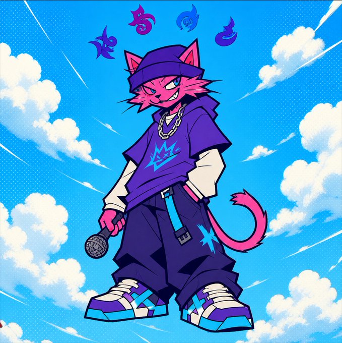 An anime-style illustration of a pink cat character wearing a purple beanie, a purple shirt with a crown logo, baggy dark pants, and sneakers, holding a microphone against a blue sky background.
