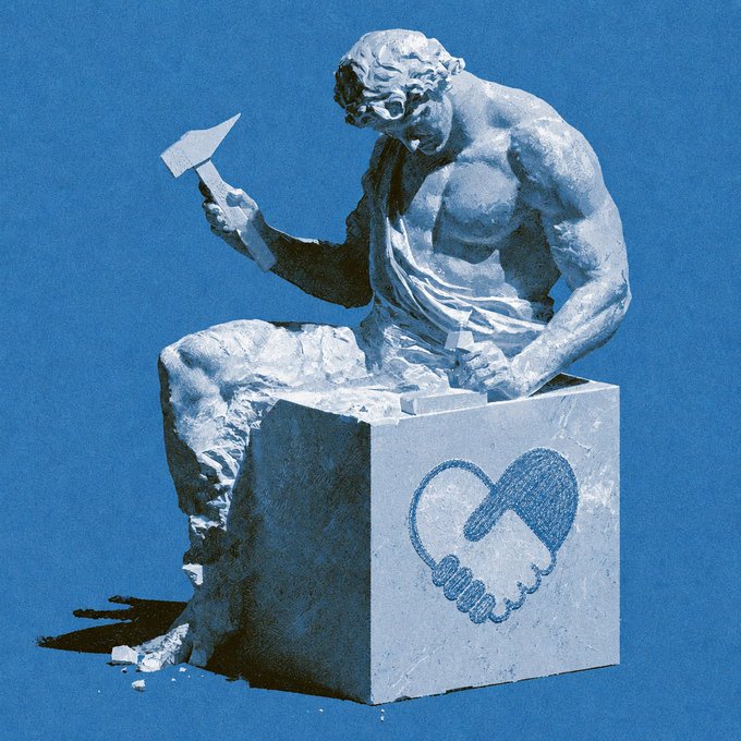An artistic image of a muscular stone statue holding a chisel, sitting on a block that displays a handshake logo forming a heart shape, set against a blue background.