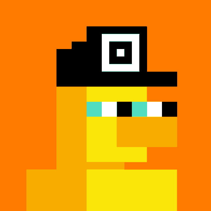 A minimalist pixel art depiction of a yellow character with a black cap, goggles, and a cyan-and-black patterned band on an orange background.