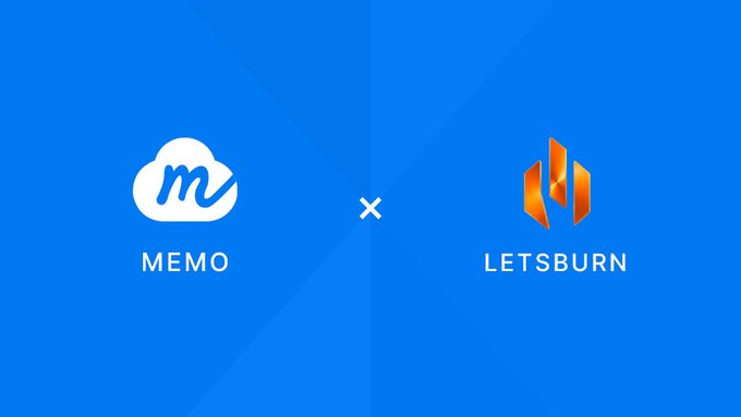A promotional graphic on a blue background featuring the MEMO cloud logo on the left and the LETSBURN logo on the right, separated by an 'x' symbol.