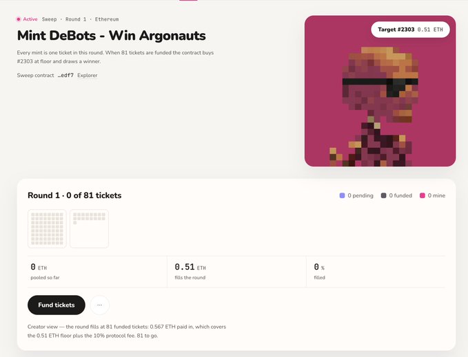 A screenshot of a cryptocurrency website titled "Mint DeBots - Win Argonauts" shows Round 1 with 0 of 81 tickets sold, featuring a pixelated character on a pink background and a target of "0.51 ETH".
