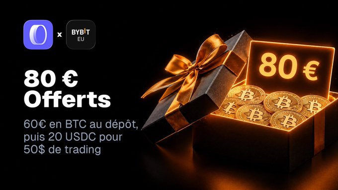 A French promotional banner for a collaboration between a crypto platform and Bybit EU offers '80 € Offerts', consisting of '60€ en BTC au dépôt, puis 20 USDC pour 50$ de trading', next to a glowing box of Bitcoin coins.