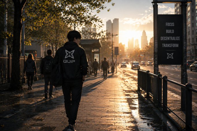 A person wearing a black "QUIP" branded hoodie walks through a sunlit city street, while a nearby billboard displays the words "FOCUS, BUILD, DECENTRALIZE, TRANSFORM" alongside the Quip logo.

The image visually reinforces the post's message about Quip Network's decentralized approach, with the billboard's words "DECENTRALIZE" and "TRANSFORM" echoing QuipSwap's bridge-free, direct cross-chain swap model.