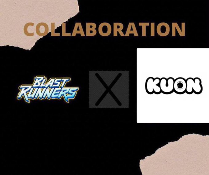 A collaboration announcement graphic featuring the text "COLLABORATION" at the top, with "Blast Runners" and "KUON" logos flanking a large "X" symbol on a black background with pink torn-paper accents, promoting a partnership between BlastrunnersPVP and Dreamwalker for an upcoming NFT drop of 888 unique NFTs on the Ethereum chain.