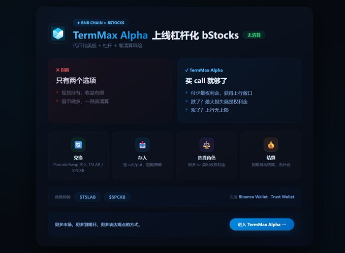 Promotional graphic for TermMax Alpha's bStocks launch on BNB Chain, highlighting two options for TSLA exposure: traditional methods (spot holding or leveraged borrowing with liquidation risk) versus TermMax Alpha's call option approach (small premium, unlimited upside, zero liquidation risk), with note that PancakeSwap has added $TSLAB and $SPCXB markets via TSLAB/SPCKB tokens.