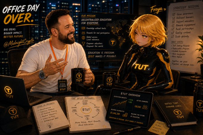 A promotional graphic for TUT token featuring a man in a white shirt and an anime-style female character, with notes about 'Decentralized Education for Everyone' and 'Strategy Session'.