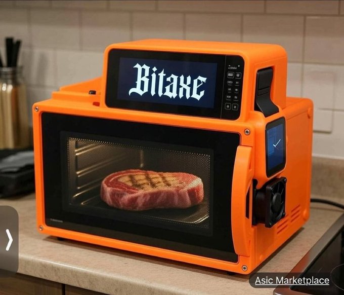 An orange Bitaxe Bitcoin ASIC miner styled as a microwave, with a steak cooking inside the display window, branded with 'Asic Marketplace' watermark.