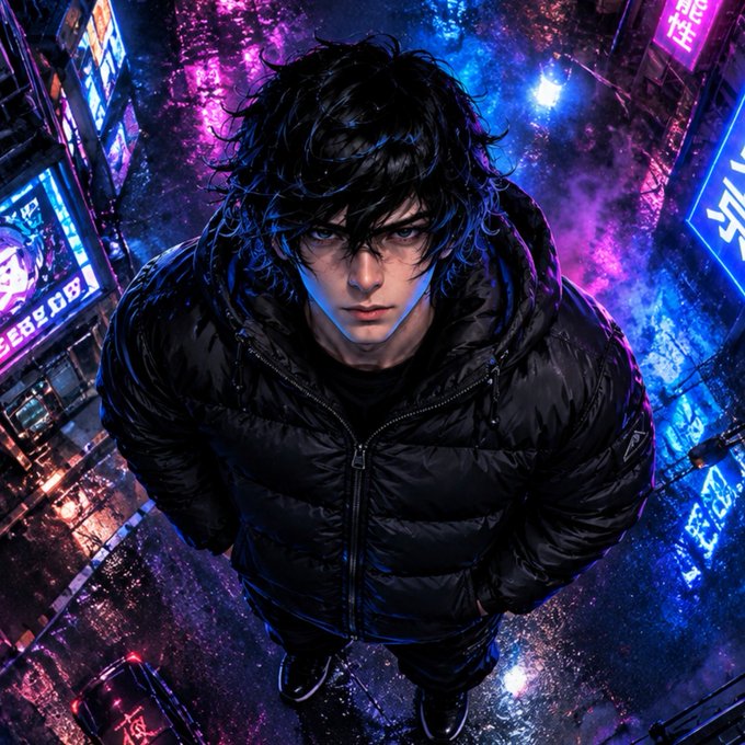 A fierce, anime-style man in a black puffer jacket stands with an intense upward gaze, surrounded by a vibrant cyberpunk cityscape glowing with neon purple and blue lights and featuring Japanese signage. The image's bold, determined energy and urban neon backdrop visually amplify the post's motivational "GM" (Good Morning) message, symbolizing a fierce attitude to win against the city.