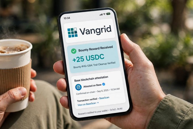 A person holding a smartphone displaying a 'Vangrid' app interface showing 'Bounty Reward Received +25 USDC' and 'Base blockchain attestation', while holding a cup of coffee.