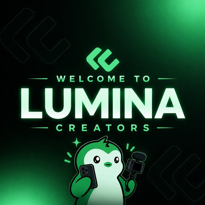 A green and black graphic welcoming users to 'LUMINA CREATORS,' featuring a cartoon penguin holding a smartphone and a camera on a gimbal.
