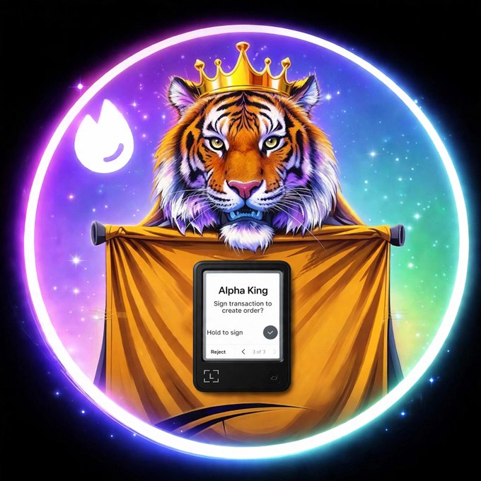A crowned tiger holds a golden banner behind a smartphone displaying an "Alpha King" transaction screen that prompts "Sign transaction to create order?" with a "3 of 3" checkmark, all framed within a glowing cosmic circle.