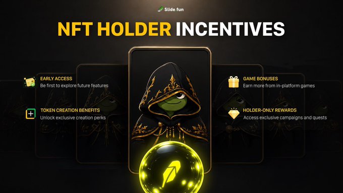 A promotional graphic for 'Slide fun' reads 'NFT HOLDER INCENTIVES' and highlights features like Early Access, Token Creation Benefits, Game Bonuses, and Holder-Only Rewards around a hooded character.