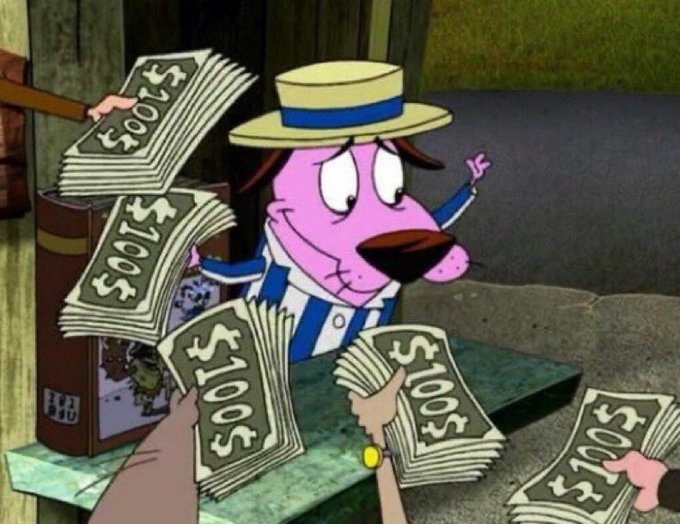 A cartoon pink dog character wearing a straw hat and striped suit is surrounded by multiple hands offering stacks of $100 bills.