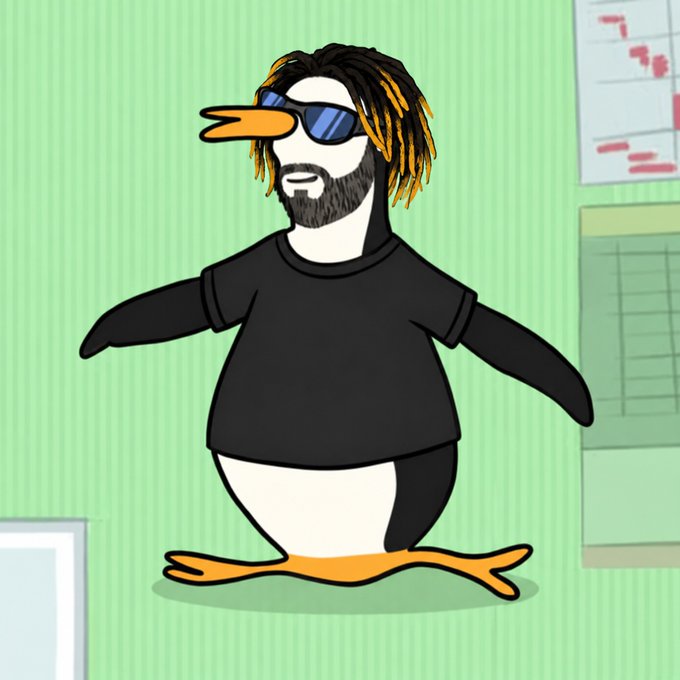 A 2D cartoon drawing of a penguin-like character with dreadlocks, a beard, sunglasses, and a black t-shirt standing in a green room.