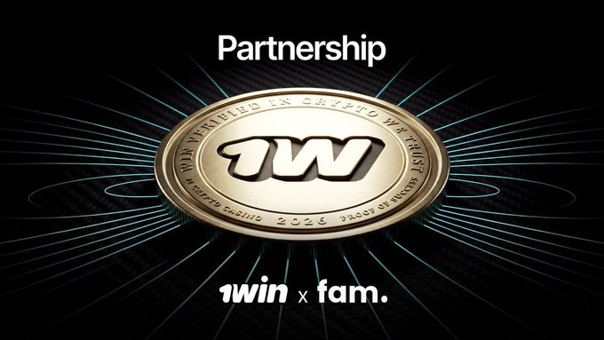 A gold "1W" coin with the text "PARTNERSHIP" above and "1win x fam." below is displayed on a dark background with radiating light streaks, promoting the collaboration between 1win and @famcryptospace.