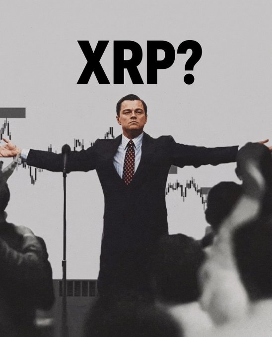 A meme featuring Leonardo DiCaprio from The Wolf of Wall Street with arms outstretched, overlaid with a downward-trending stock chart and the text 'XRP?'