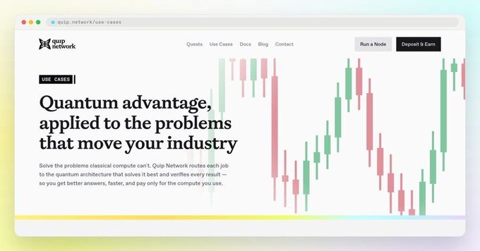A Quip Network webpage header displaying "Quantum advantage, applied to the problems that move your industry" with a candlestick chart graphic and navigation options including "Run a Node" and "Deposit & Earn".