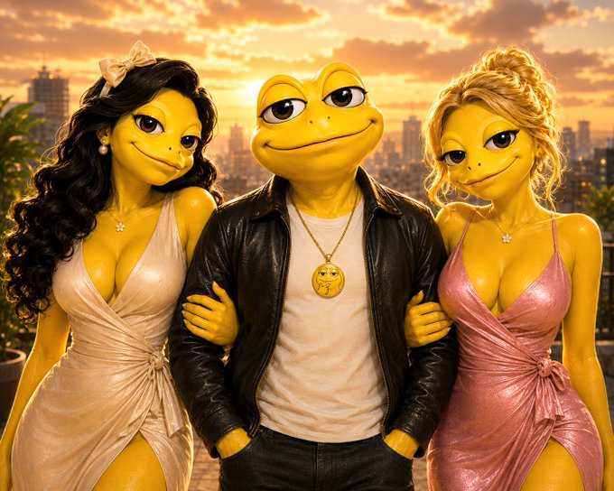 Three anthropomorphic frogs are pictured: two female frogs in dresses flanking a male frog in a leather jacket with a frog pendant, set against a sunset city skyline.