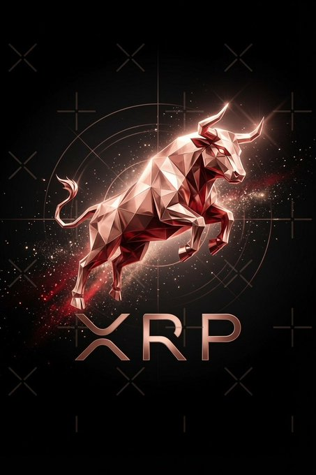 A geometric, copper-toned bull charges forward in a low-poly digital art style, surrounded by faint constellation lines and cosmic dust on a black background. The text "XRP" glows in metallic lettering beneath the bull, visually embodying the bullish momentum referenced in the post about the Clarity Act passing and institutional adoption.