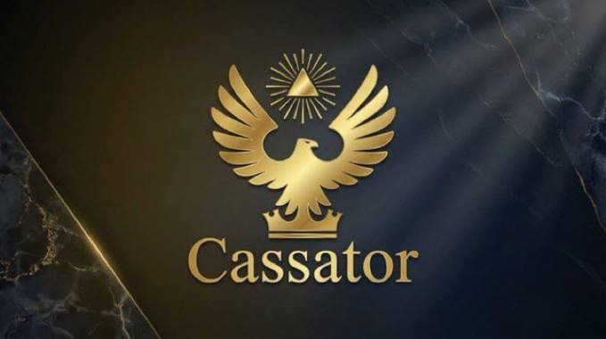 A luxurious dark marble background featuring a golden logo of an eagle with spread wings beneath a radiant triangle, above a crown, with the name 'Cassator' written below.