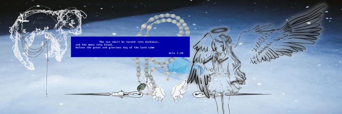 An anime-style illustration of a girl with wings and a halo next to a text box quoting Acts 2:38: 'The one shall be turned into darkness, the bow into blazing fire...'