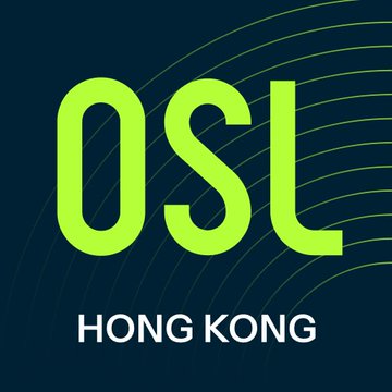 The image displays the OSL Hong Kong logo, featuring "OSL" in large lime-green lettering with "HONG KONG" beneath it, set against a dark teal background with subtle curved line patterns. It serves as the branding backdrop for the announcement that OSL has become the first SFC-licensed exchange in Hong Kong to offer retail XRP trading.
