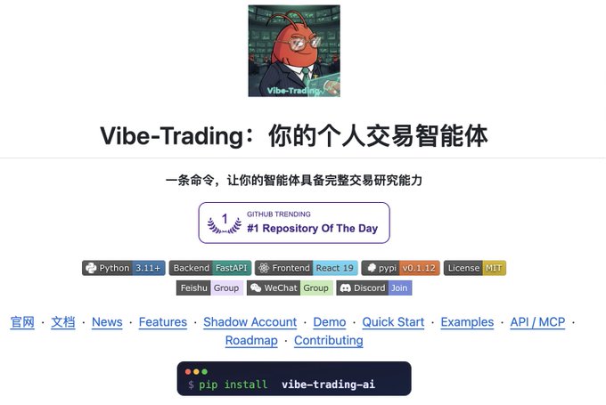 A GitHub repository page for 'Vibe-Trading: 你的个人交易智能体' (Your Personal Trading Agent), which was #1 GitHub Trending Repository of The Day, with installation command 'pip install vibe-trading-ai'.