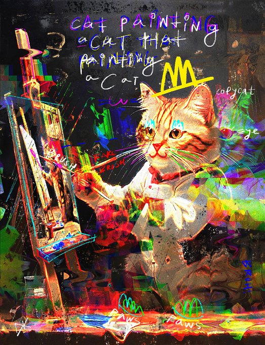 A colorful, glitchy digital artwork of an orange tabby cat painting at an easel, with chaotic handwritten text including 'cat painting a cat that painting a cat' and a crown symbol.