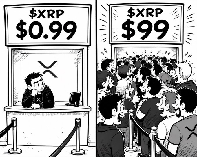 A split black-and-white comic shows a "$XRP" booth with a bored employee at "$0.99" on the left, while on the right, the same booth displays "$99" with a massive eager crowd rushing in, humorously illustrating the gap between XRP's current low price and the speculative hype of investors banking on a massive surge.