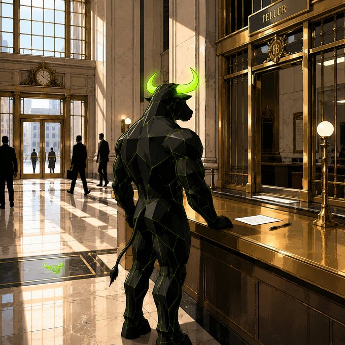A large, geometric black bull statue with glowing neon green horns stands inside an opulent, gold-accented bank lobby near a "TELLER" window.