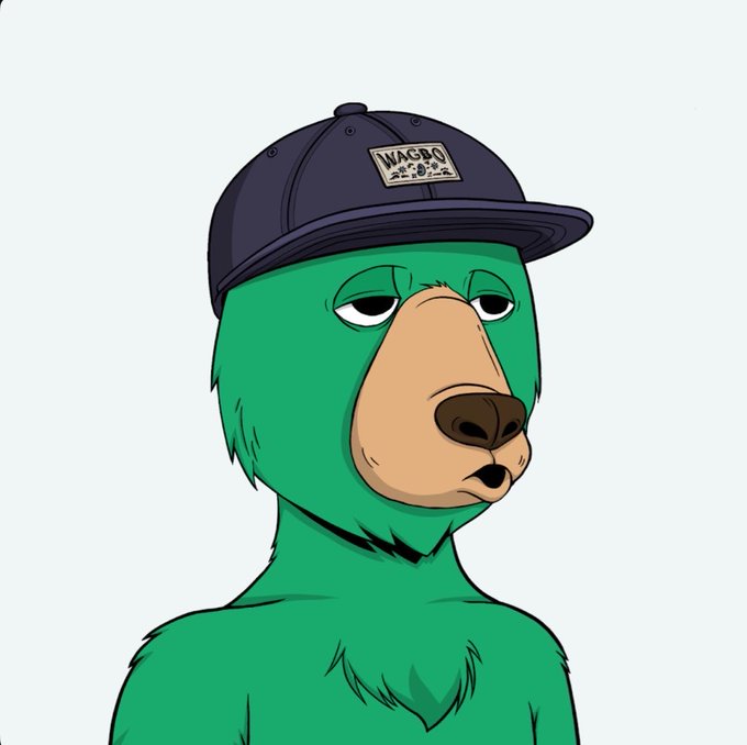A cartoon illustration of a green bear character wearing a dark blue baseball cap with a patch that reads 'WAGBO'.