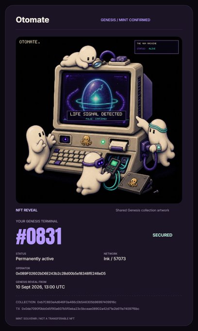 An NFT reveal screen for 'Otomate' showing a vintage computer terminal with ghost-like creatures, displaying 'LIFE SIGNAL DETECTED' and token details including '#0831' marked 'SECURED' from link 5703, with a genesis reveal date of '10 Sept 2026, 13:00 UTC'.