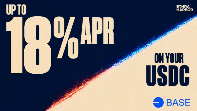 An advertisement from Ethra Harbor on Base offers up to 18% APR on USDC deposits.